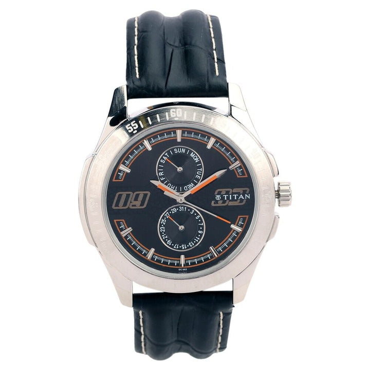 Titan Quartz Analog with Day and Date Black Dial Leather Strap Watch for Men-NF1587SL04