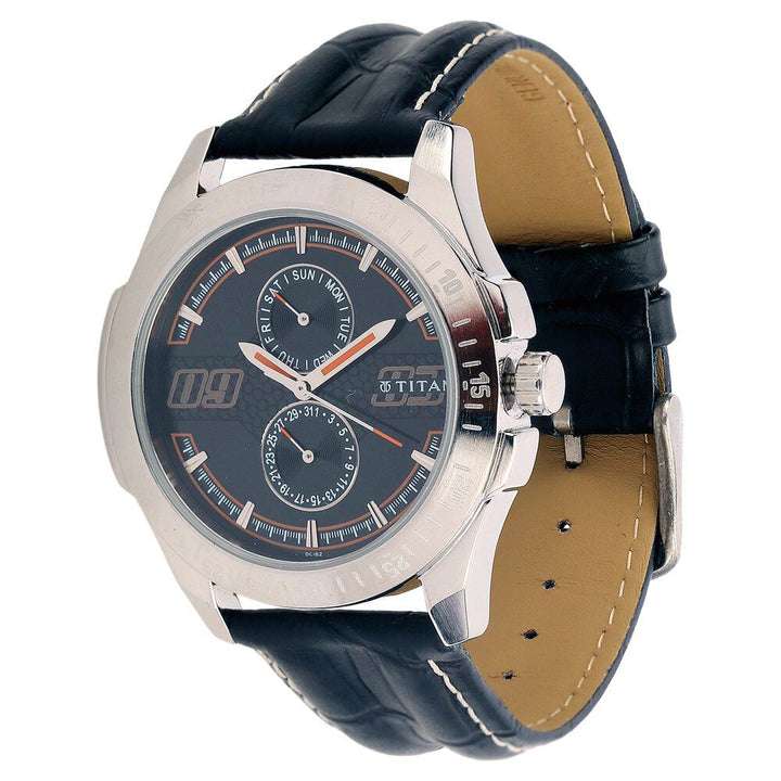 Titan Quartz Analog with Day and Date Black Dial Leather Strap Watch for Men-NF1587SL04