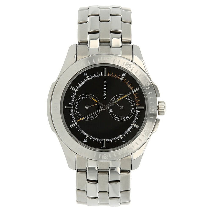 Titan Quartz Analog with Day and Date Black Dial Stainless Steel Strap Watch for Men-NK1587SM03