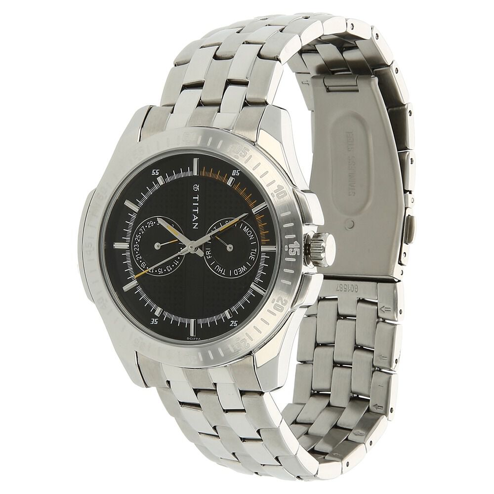 Titan Quartz Analog with Day and Date Black Dial Stainless Steel Strap Watch for Men-NK1587SM03