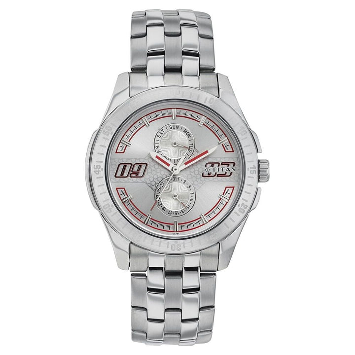 Titan Quartz Analog with Day and Date Silver Dial Stainless Steel Strap Watch for Men-NF1587SM04