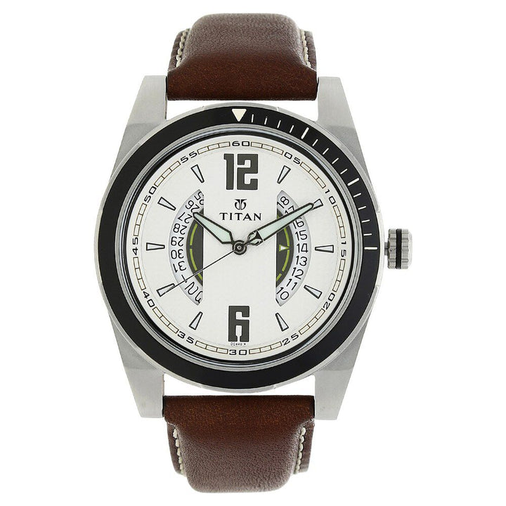 Titan Quartz Analog with Date Silver Dial Leather Strap Watch for Men-1602SL01