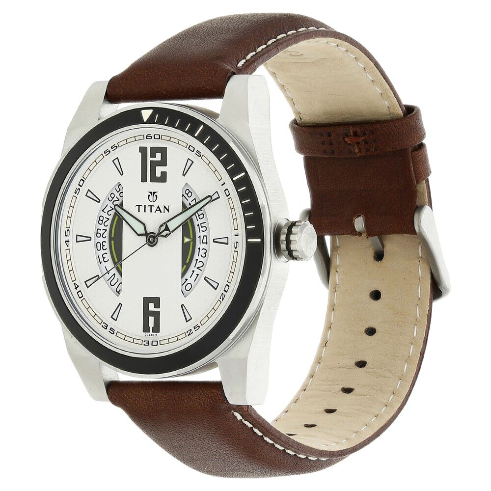Titan Quartz Analog with Date Silver Dial Leather Strap Watch for Men-1602SL01