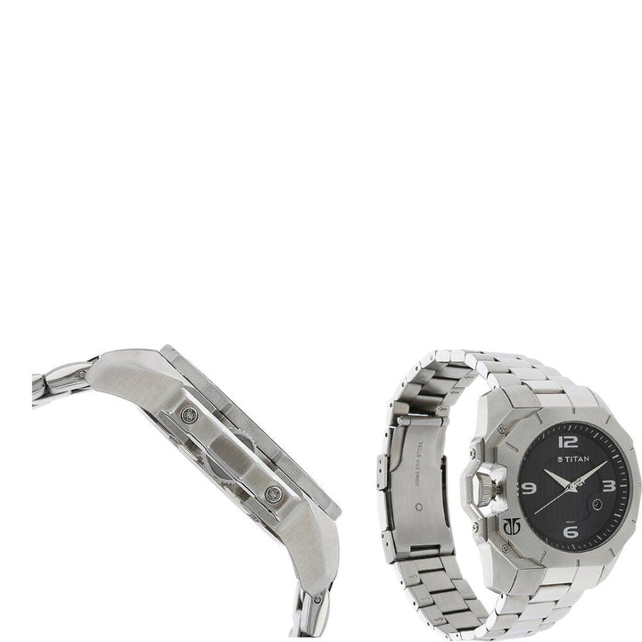 Titan Quartz Analog with Date Black Dial Stainless Steel Strap Watch for Men-1605SM01