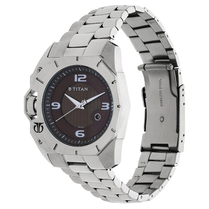 Titan Round Brown Dial Analog with Date Stainless Steel Strap Watch for Men-1605SM02