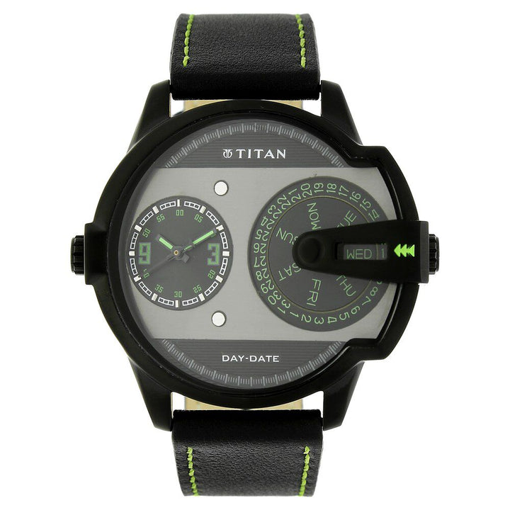 Titan Quartz Analog with Day and Date Black Dial Leather Strap Watch for Men-NE1608NL01