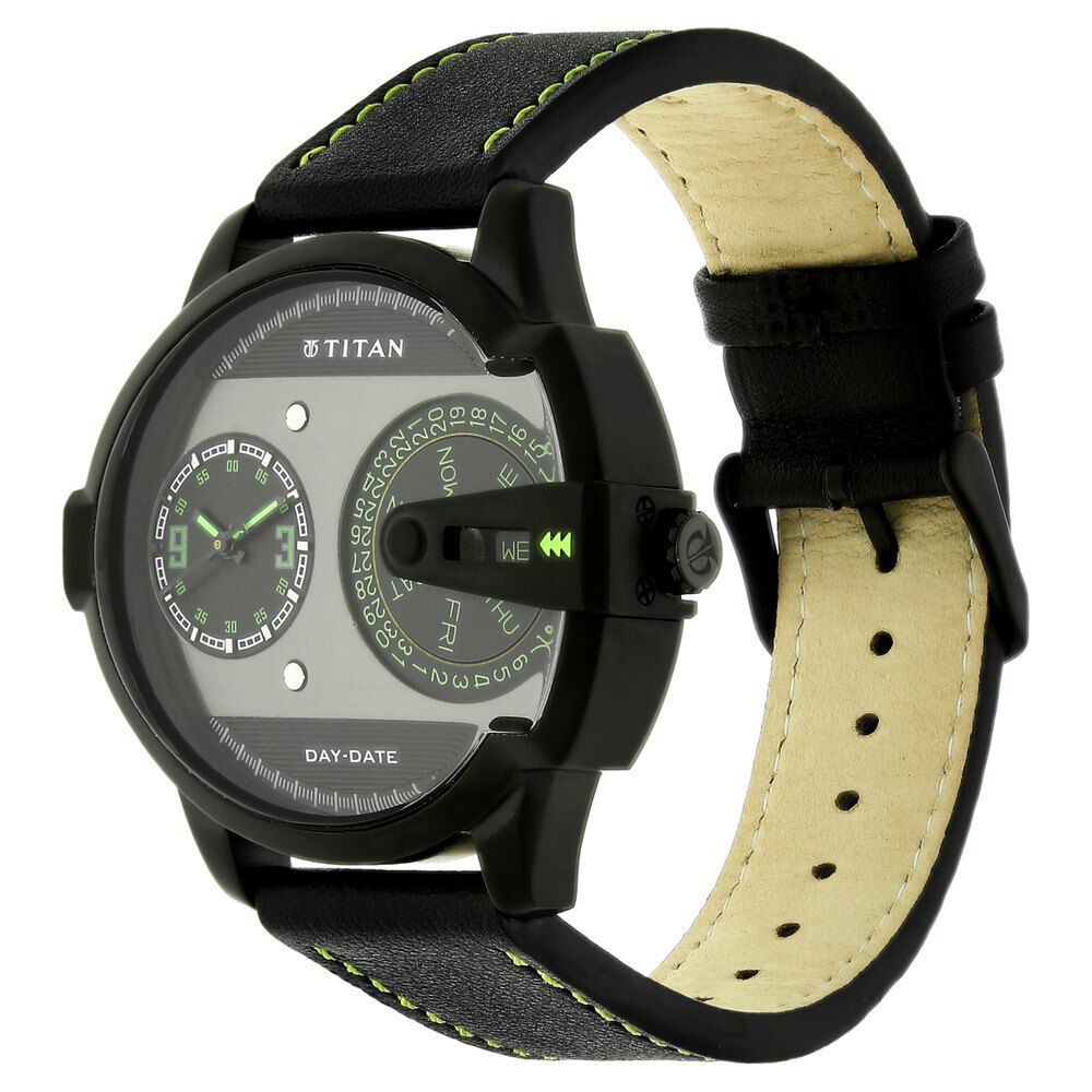 Titan Quartz Analog with Day and Date Black Dial Leather Strap Watch for Men-NE1608NL01