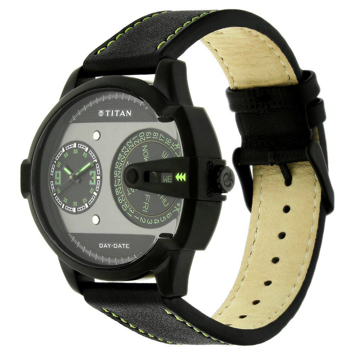 Titan Quartz Analog with Day and Date Black Dial Leather Strap Watch for Men-NE1608NL01