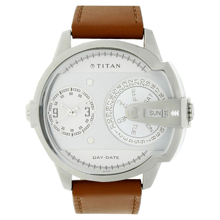 Titan Quartz Analog with Day and Date Silver Dial Leather Strap Watch for Men-NE1608SL01