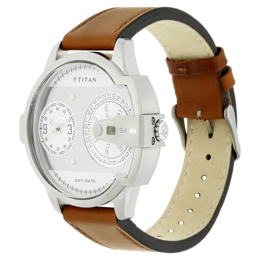 Titan Quartz Analog with Day and Date Silver Dial Leather Strap Watch for Men-NE1608SL01