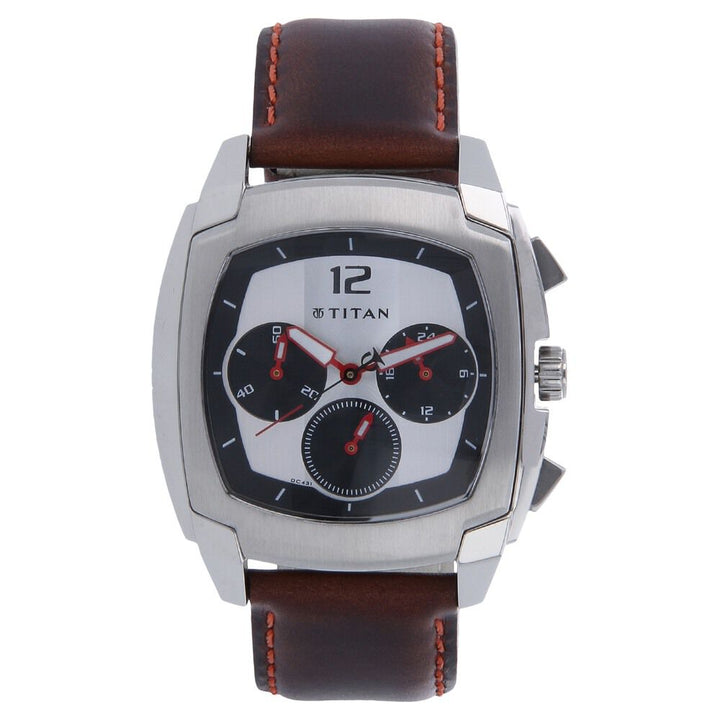 Titan Quartz Chronograph Silver Dial Leather Strap Watch for Men-NE1609SL01