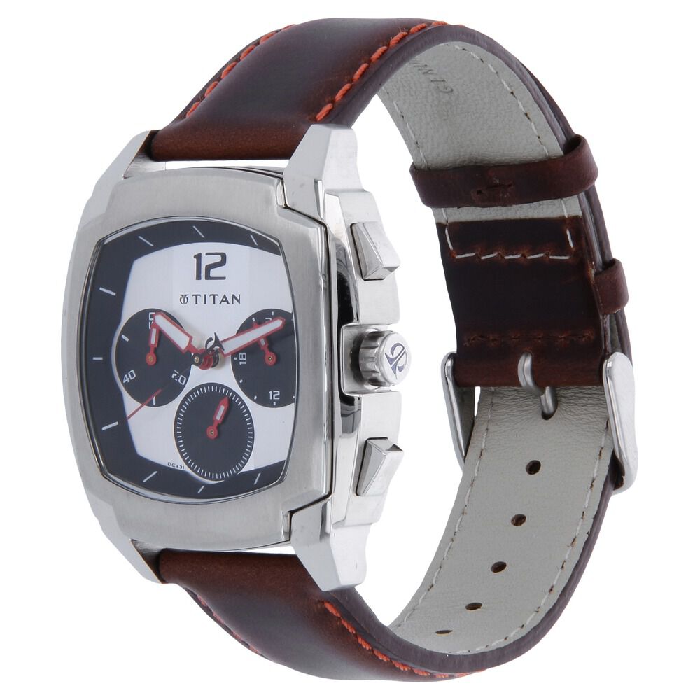 Titan Quartz Chronograph Silver Dial Leather Strap Watch for Men-NE1609SL01