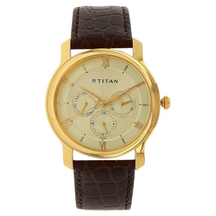 Titan Quartz Multifunction Champagne Dial Leather Strap Watch for Men-NF1618YL01