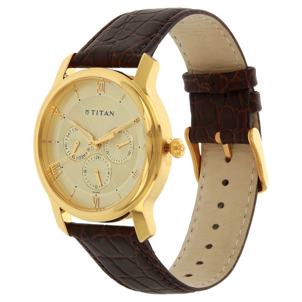 Titan Quartz Multifunction Champagne Dial Leather Strap Watch for Men-NF1618YL01
