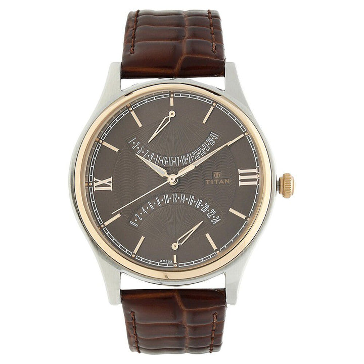 Titan Quartz Multifunction Brown Dial Leather Strap Watch for Men-NF1620KL01