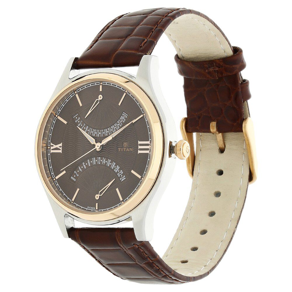 Titan Quartz Multifunction Brown Dial Leather Strap Watch for Men-NF1620KL01