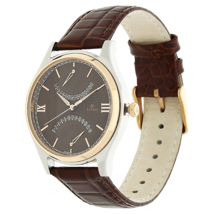 Titan Quartz Multifunction Brown Dial Leather Strap Watch for Men-NF1620KL01