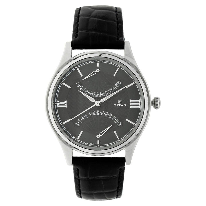 Titan Quartz Multifunction Black Dial Leather Strap Watch for Men-1620SL01