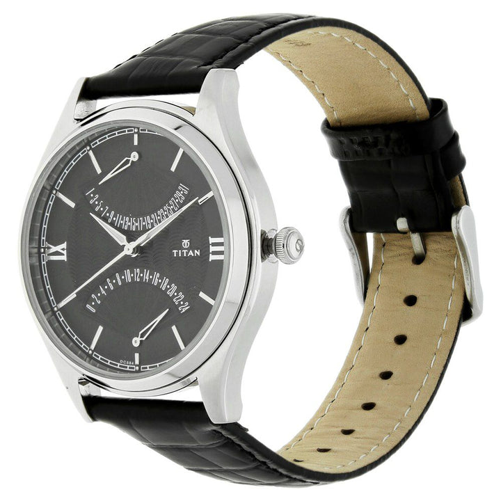Titan Quartz Multifunction Black Dial Leather Strap Watch for Men-1620SL01