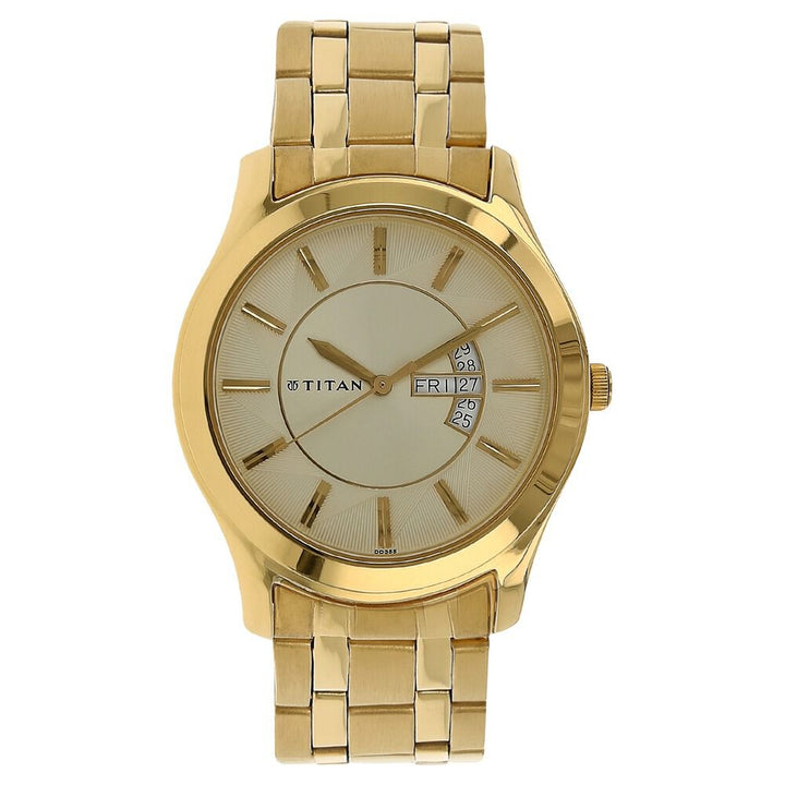 Titan Quartz Analog with Day and Date Champagne Dial Stainless Steel Strap Watch for Men-NK1627YM02