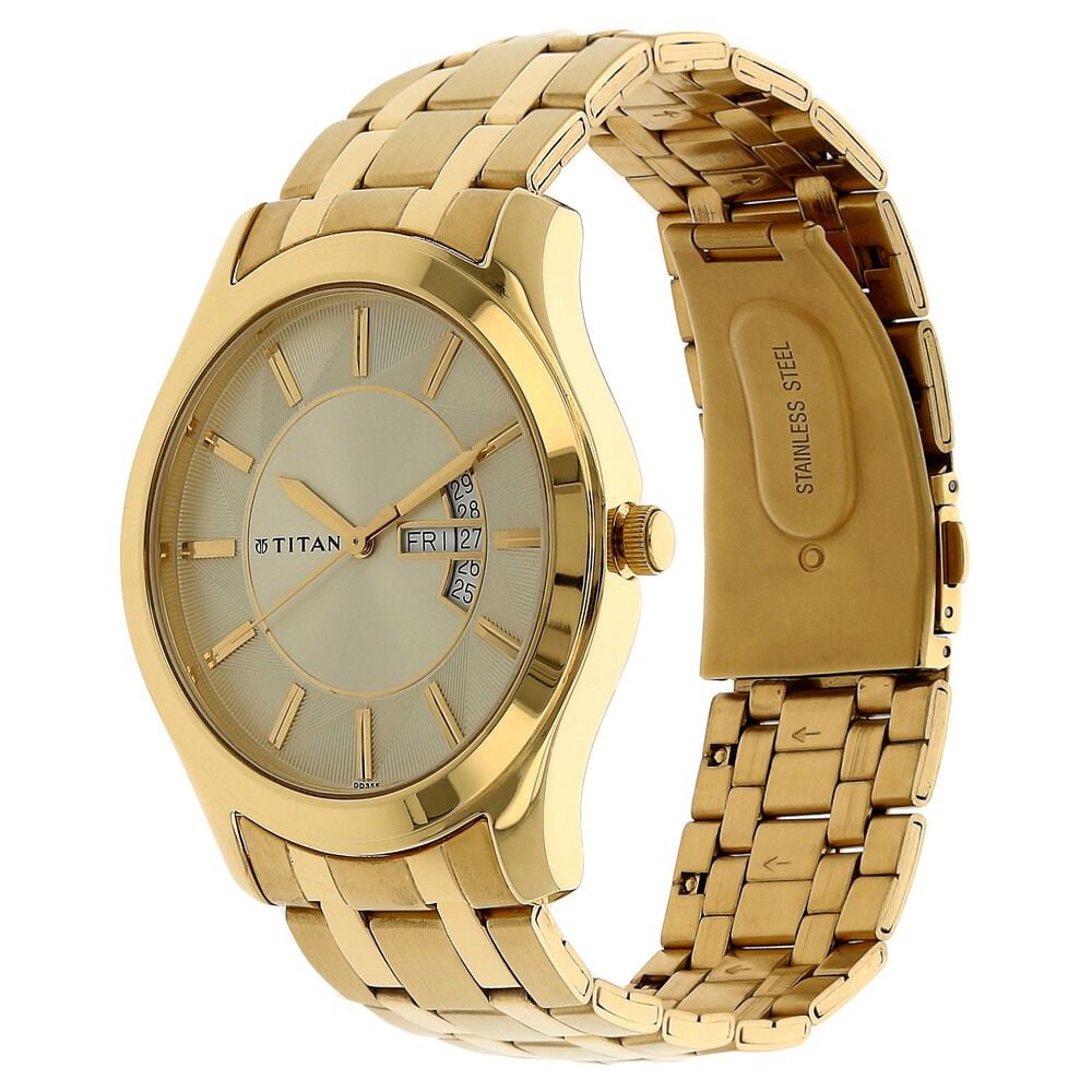 Titan Quartz Analog with Day and Date Champagne Dial Stainless Steel Strap Watch for Men-NK1627YM02