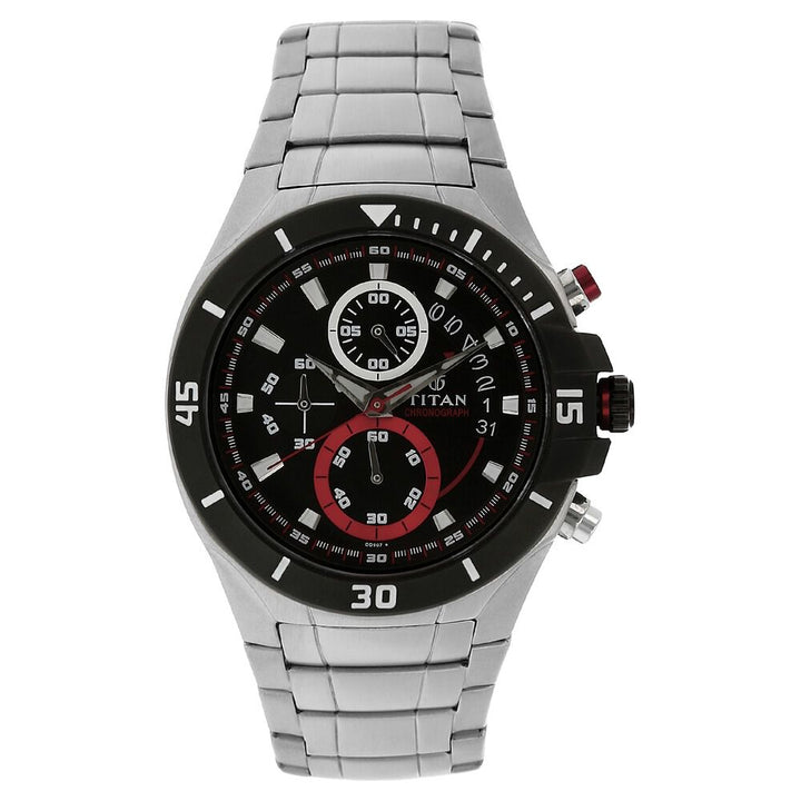 Titan Quartz Chronograph Black Dial Stainless Steel Strap Watch for Men-1631KM01