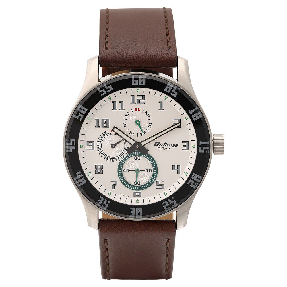 Titan Quartz Multifunction Silver Dial Quartz Leather Strap watch for Men-NM1632SL01