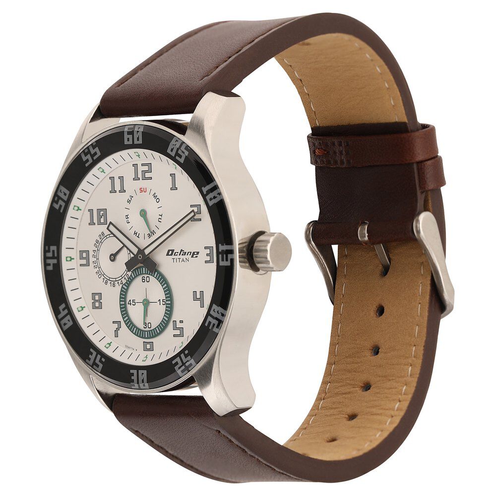 Titan Quartz Multifunction Silver Dial Quartz Leather Strap watch for Men-NM1632SL01