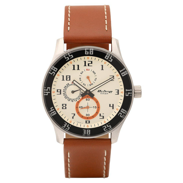 Titan Quartz Multifunction Champagne Dial Leather Strap watch for Men-NM1632SL02