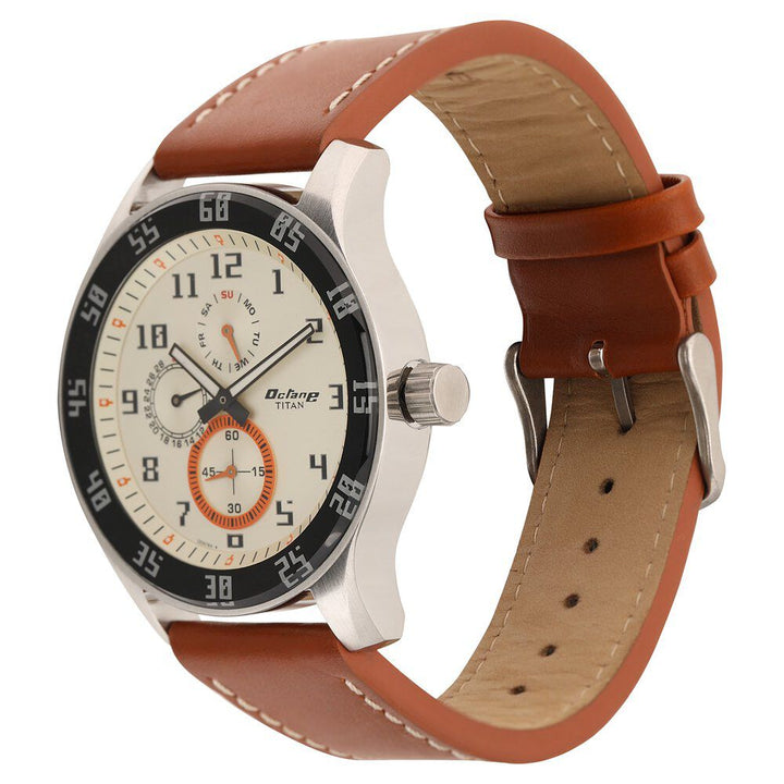 Titan Quartz Multifunction Champagne Dial Leather Strap watch for Men-NM1632SL02