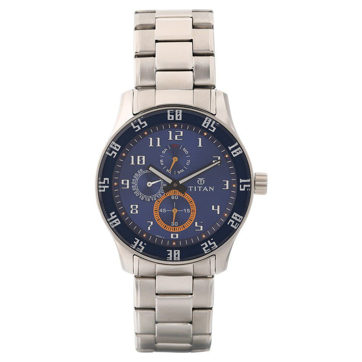 Titan Quartz Multifunction Blue Dial Stainless Steel Strap Watch for Men-NL1632SM03