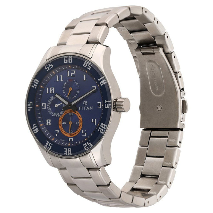 Titan Quartz Multifunction Blue Dial Stainless Steel Strap Watch for Men-NL1632SM03