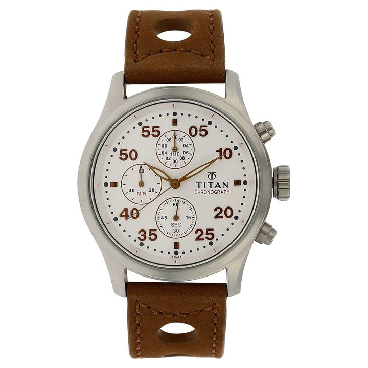 Titan Quartz Chronograph Silver Dial Leather Strap Watch for Men-1634SL01