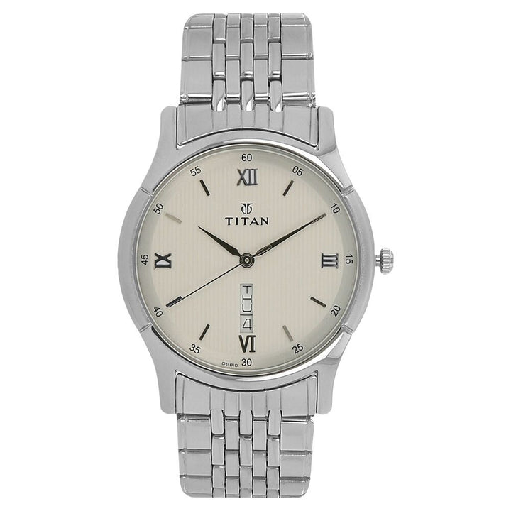 Titan Quartz Analog with Day and Date Silver Dial Stainless Steel Strap Watch for Men-NJ1636SM02
