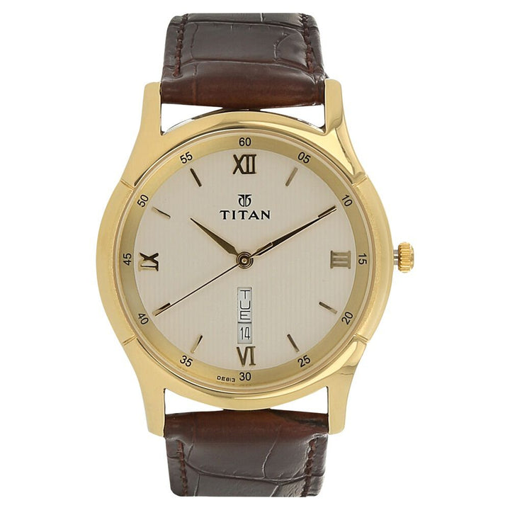 Titan Metal Silver Dial Analog with Day and Date Leather Strap Watch for Men-NJ1636YL02