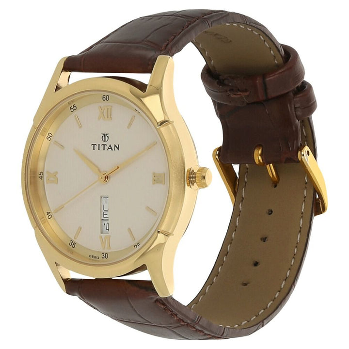 Titan Metal Silver Dial Analog with Day and Date Leather Strap Watch for Men-NJ1636YL02