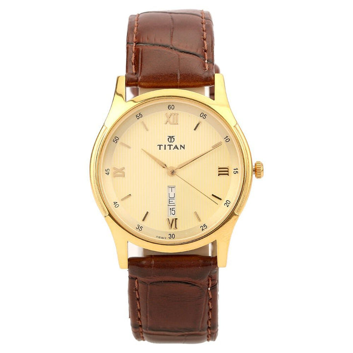 Titan Quartz Analog with Day and Date Champagne Dial Leather Strap Watch for Men-1636YL03