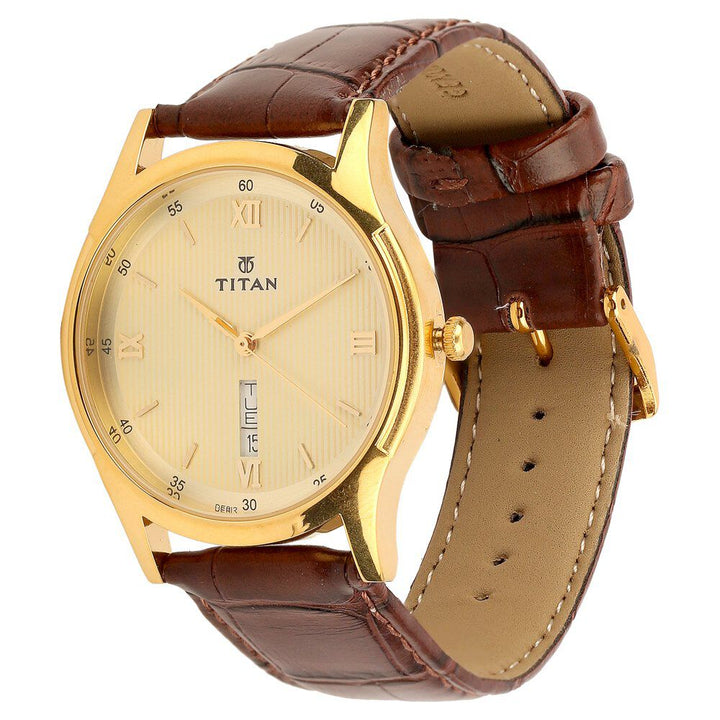Titan Quartz Analog with Day and Date Champagne Dial Leather Strap Watch for Men-1636YL03