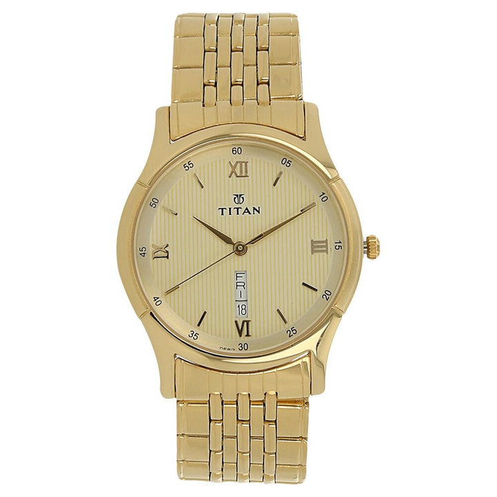 Titan Metal Champagne Dial Analog with Day and Date Stainless Steel Strap watch for Men-NH1636YM03