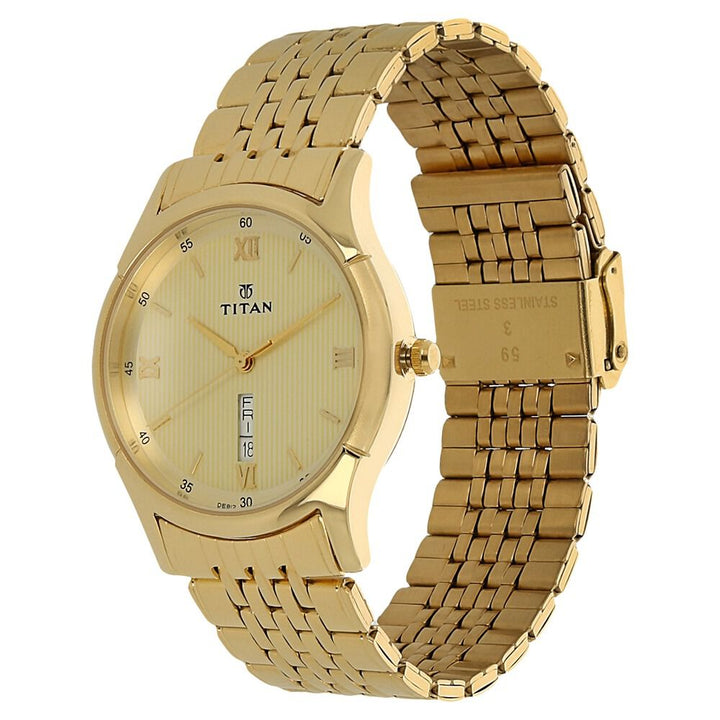 Titan Metal Champagne Dial Analog with Day and Date Stainless Steel Strap watch for Men-NH1636YM03