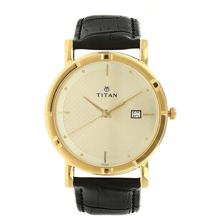 Titan Analog with Date Champagne Dial Quartz Leather Strap watch for Men-NK1639YL01