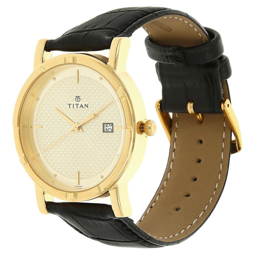 Titan Analog with Date Champagne Dial Quartz Leather Strap watch for Men-NK1639YL01