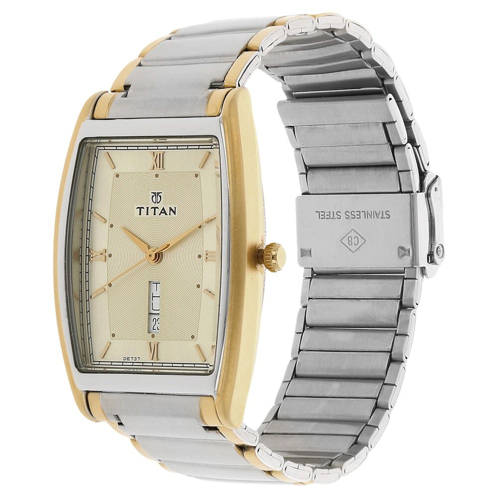 Titan Quartz Analog with Day and Date Champagne Dial Stainless Steel Strap Watch for Men-NH1640BM01