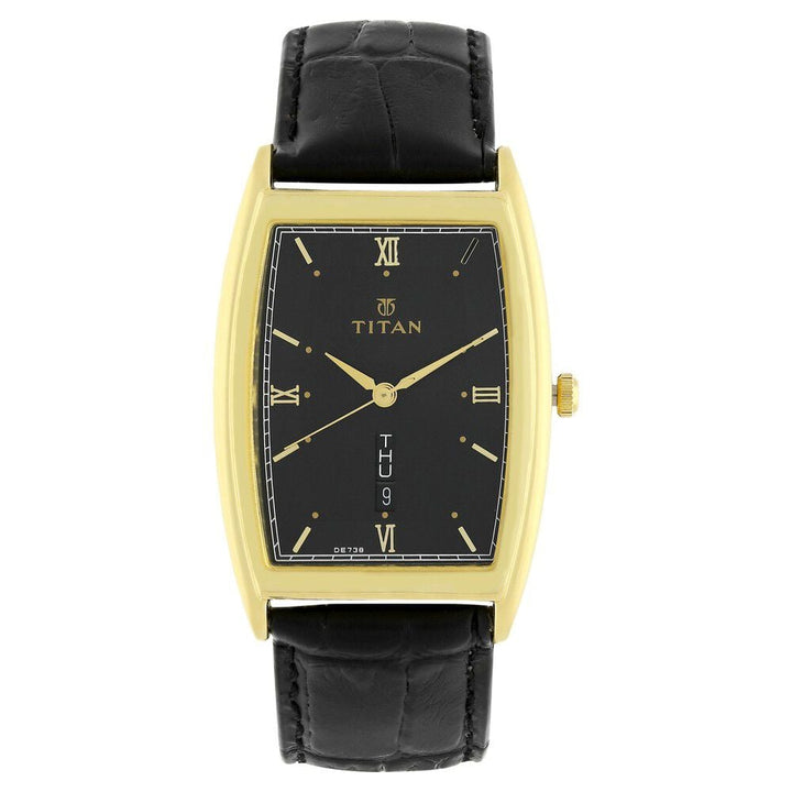 Titan Quartz Analog with Day and Date Black Dial Leather Strap Watch for Men-1640YL03
