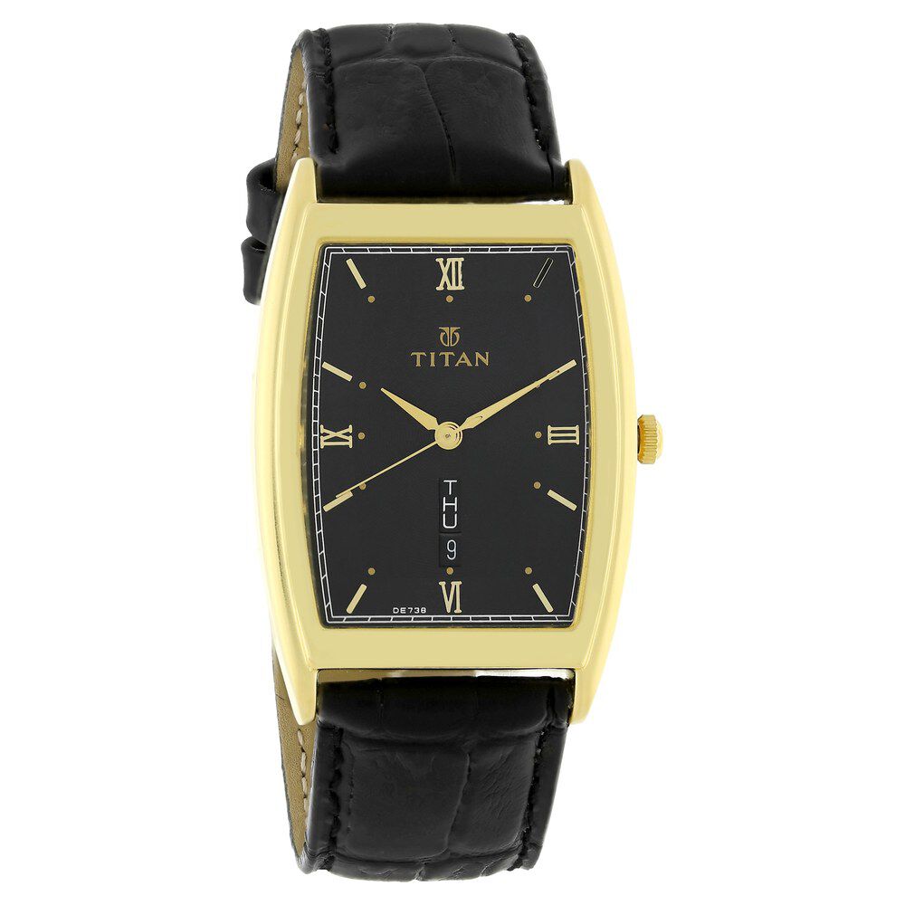 Titan Quartz Analog with Day and Date Black Dial Leather Strap Watch for Men-1640YL03