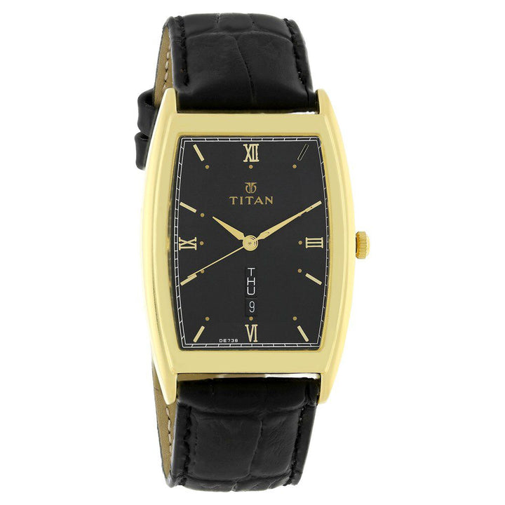 Titan Quartz Analog with Day and Date Black Dial Leather Strap Watch for Men-1640YL03