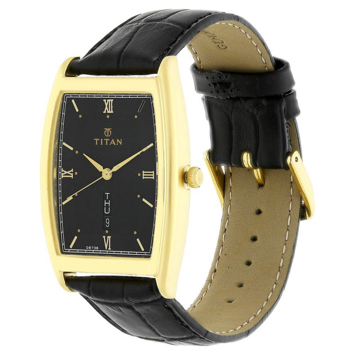 Titan Quartz Analog with Day and Date Black Dial Leather Strap Watch for Men-1640YL03