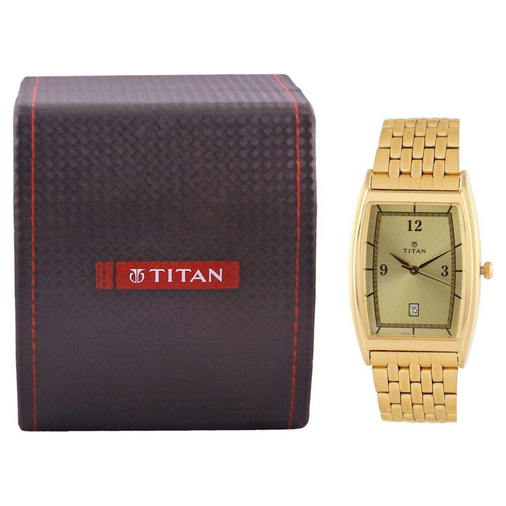 Titan Quartz Analog with Date Champagne Dial Stainless Steel Strap Watch for Men-1640YM02