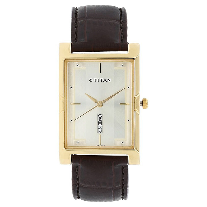 Titan Quartz Analog with Day and Date Champagne Dial Leather Strap Watch for Men-NJ1641YL04
