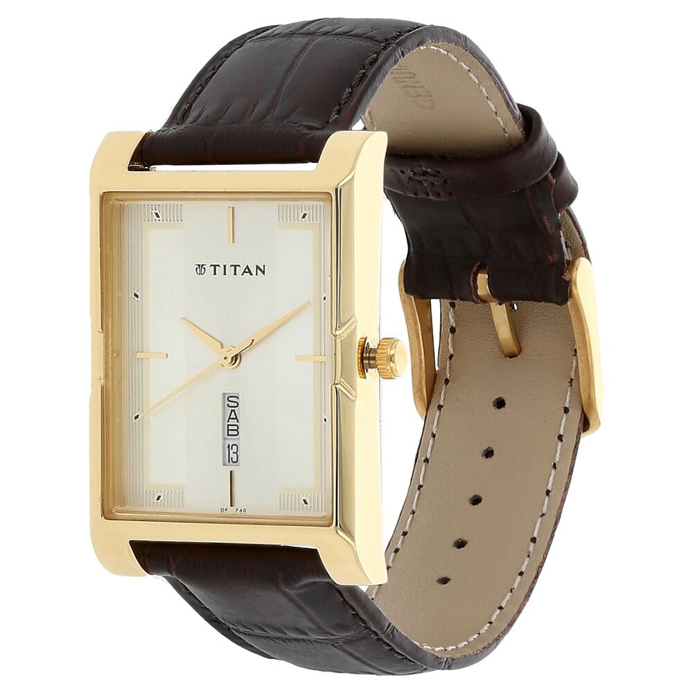 Titan Quartz Analog with Day and Date Champagne Dial Leather Strap Watch for Men-NJ1641YL04